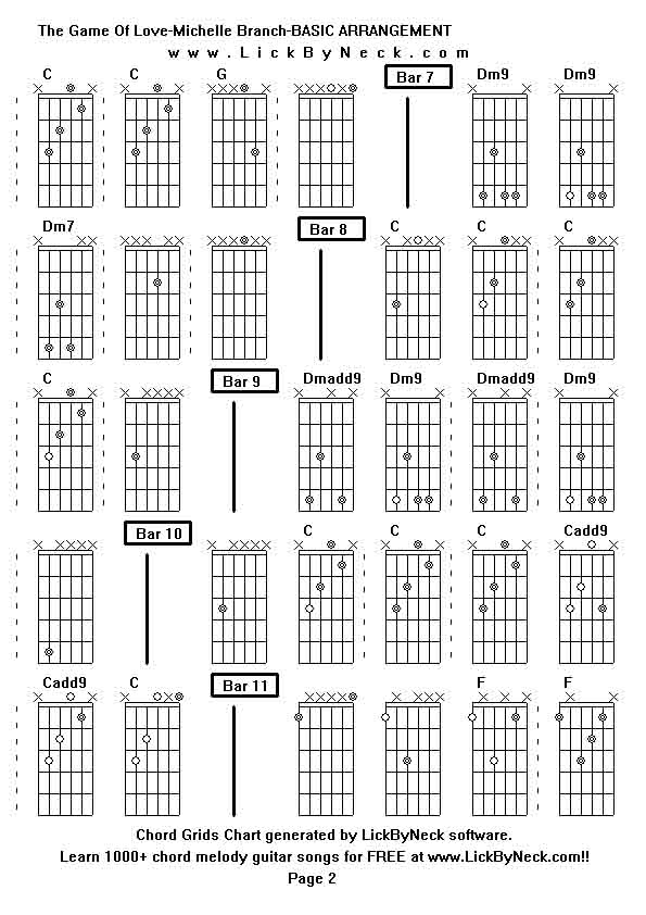 Chord Grids Chart of chord melody fingerstyle guitar song-The Game Of Love-Michelle Branch-BASIC ARRANGEMENT,generated by LickByNeck software.